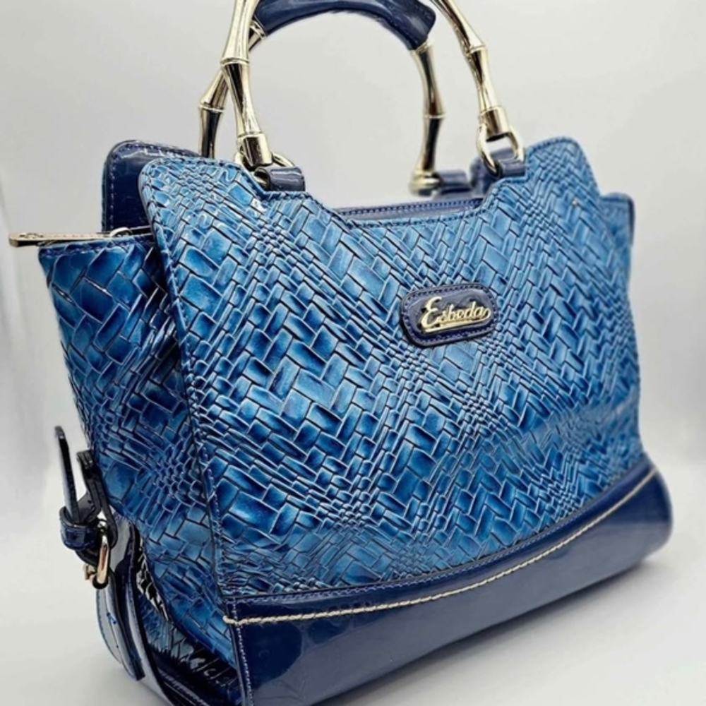 Esbeda Blue Satchel with Gold Hardware and Woven Texture